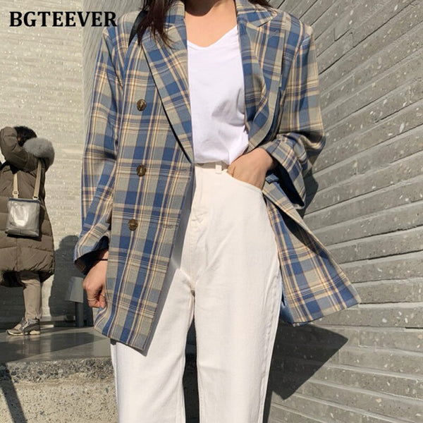 BGTEEVER Stylish Loose Double Breasted Women Plaid Blazer 2022 Autumn Vintage Notched Collar Female Suit Jacket Good Fabric
