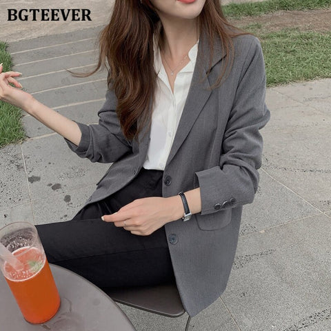 BGTEEVER Stylish Notched Collar Office Ladies Solid Blazer Tops Elegant Single-breasted Slim Female Jackets Spring Ladies Coats