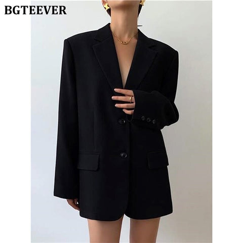 BGTEEVER Stylish Notched Collar Women Blazer Jackets 2022 Spring  Loose Single-breasted Full Sleeve Female Outwear