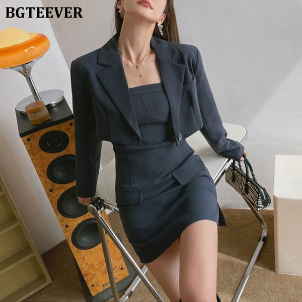BGTEEVER Stylish Women 2 Pieces Dress Set Long Sleeve Single Button Blazer & Sleeveless A-line Dress Elegant Ladies Dress Suits