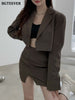 BGTEEVER Stylish Women Skirt Suits Long Sleeve Single Button Blazer & High Waist Split Mini Skirt 2023 2 Pieces Skirt Set