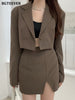 BGTEEVER Stylish Women Skirt Suits Long Sleeve Single Button Blazer & High Waist Split Mini Skirt 2023 2 Pieces Skirt Set