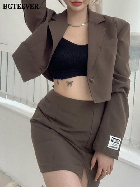 BGTEEVER Stylish Women Skirt Suits Long Sleeve Single Button Blazer & High Waist Split Mini Skirt 2023 2 Pieces Skirt Set