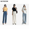 BGTEEVER Summer Stylish Women Wide Leg Denim Pants High Waist Button Ladies Straight Jeans Trouser Casual Female Solid Jeans