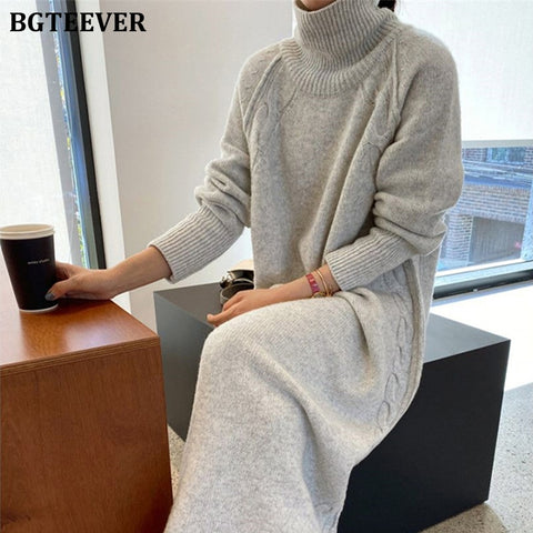 BGTEEVER Turtleneck Full Sleeve Oversized Knit Dress Female 2023 Winter Vestidos Casual Thick Twisted Women Long Sweater Dress