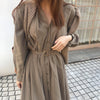 BGTEEVER V-neck Single-breasted Female Long Dress 2023 Spring Elegant Long Sleeve Belted Women Dress Straight Loose Vestidos
