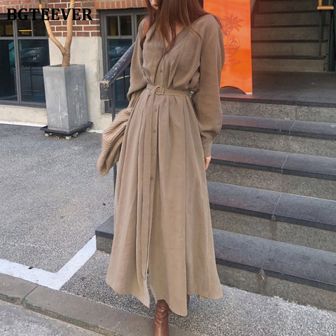 BGTEEVER V-neck Single-breasted Female Long Dress 2023 Spring Elegant Long Sleeve Belted Women Dress Straight Loose Vestidos