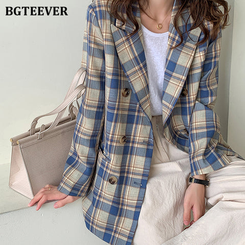 BGTEEVER Vintage Double Breasted Plaid Blazer for Women 2023 Spring Chic Notched Collar Loose Female Suit Jackets