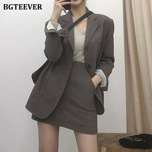BGTEEVER Vintage Elegant 2 Pieces Skirt Suits Women Single-breasted Blazer & High Waist A-line Mini Skirt Female Blazer Set 2022