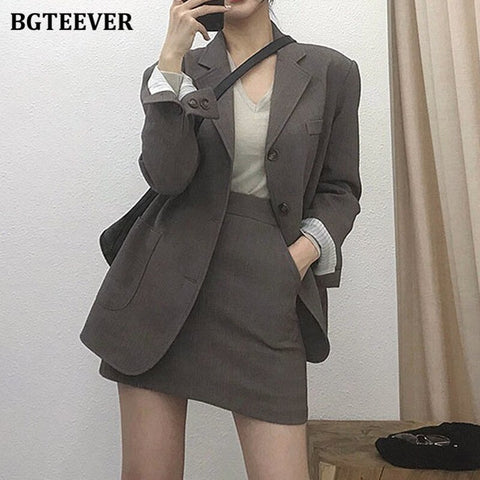 BGTEEVER Vintage Elegant 2 Pieces Skirt Suits Women Single-breasted Blazer & High Waist A-line Mini Skirt Female Blazer Set 2022
