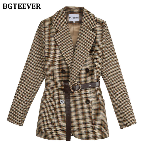 BGTEEVER Vintage Houndstooth Winter Thick Women Jacket Blazer Sashes Plaid Female Suit Jacket with belt Long Sleeve blaser 2023