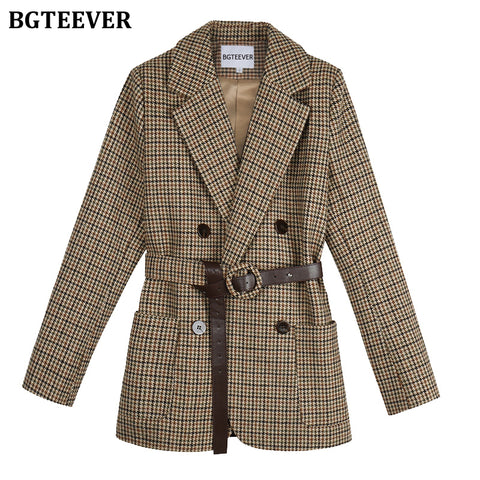 BGTEEVER Vintage Houndstooth Winter Thick Women Jacket Blazer Sashes Plaid Female Suit Jacket with belt Long Sleeve blaser 2023