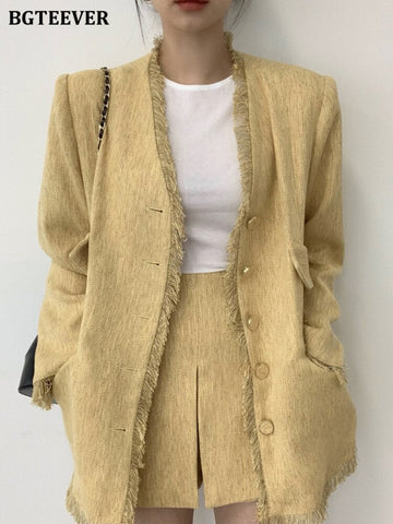 BGTEEVER Vintage Ladies 2 Pieces Blazer Set V-neck Single-breasted Tassels Jackets & High Waist Skirt Shorts Women Skirt Suits