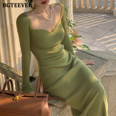 BGTEEVER Vintage Square Collar Knitted Bodycon Dress for Women Split Stretched Female Pencil Dress Vestidos 2022 Autumn Winter