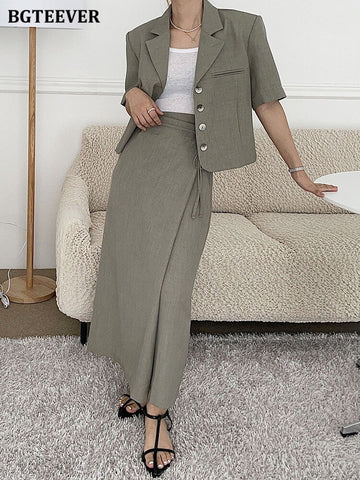 BGTEEVER Vintage Women Skirt Suits Short Sleeve Single-breasted Blazer & High Waist Lace-up Long Skirts Summer Ladies 2 Pieces S