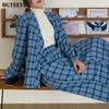 BGTEEVER Winter Loose Plaid Women Skirt Suits V-neck Suit Jackets & Elastic Waist Long Skirts Ladies 2 Pieces Blazer Set