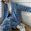 BGTEEVER Winter Loose Plaid Women Skirt Suits V-neck Suit Jackets & Elastic Waist Long Skirts Ladies 2 Pieces Blazer Set