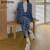 BGTEEVER Winter Loose Plaid Women Skirt Suits V-neck Suit Jackets & Elastic Waist Long Skirts Ladies 2 Pieces Blazer Set