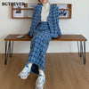 BGTEEVER Winter Loose Plaid Women Skirt Suits V-neck Suit Jackets & Elastic Waist Long Skirts Ladies 2 Pieces Blazer Set