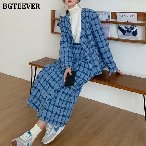 BGTEEVER Winter Loose Plaid Women Skirt Suits V-neck Suit Jackets & Elastic Waist Long Skirts Ladies 2 Pieces Blazer Set