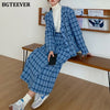 BGTEEVER Winter Loose Plaid Women Skirt Suits V-neck Suit Jackets & Elastic Waist Long Skirts Ladies 2 Pieces Blazer Set
