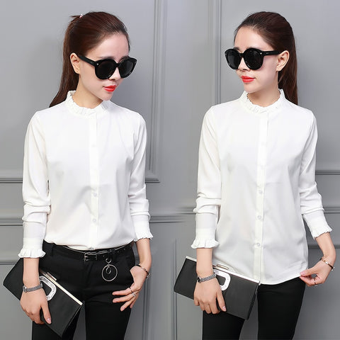 Blouse Women Long Sleeve Elegant Ladies Office Shirts Korean Fashion Casual Slim Tops Blusas White Green Pink