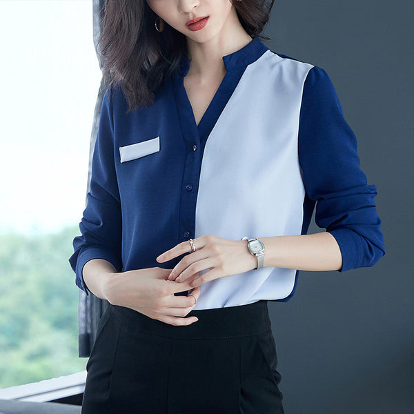 Spring Autumn Office Shirts Women V-Neck Tops Long Sleeve Casual Chiffon Blouse Female Ladies Work Wear