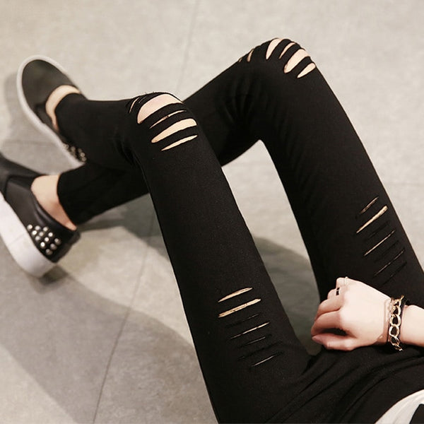 Fashion Spring Summer Womens Skinny Ripped Jeans Leggings Torn Hole Woven Stretch Cotton Leggings Jeans Pants For Women