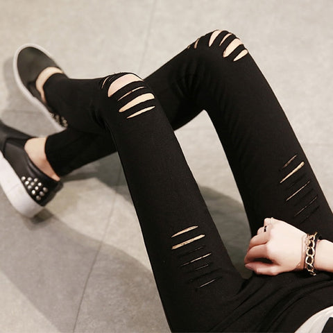 Fashion Spring Summer Womens Skinny Ripped Jeans Leggings Torn Hole Woven Stretch Cotton Leggings Jeans Pants For Women