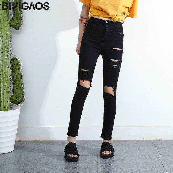 Fashion Women High Waist Torn Jeans Casual Hole Knee Skinny Denim Pencil Pants Black Ripped Jeans Leggings For Womens