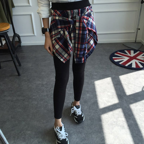Korean Women's Cotton Casual Fake Two Piece Plaid Shirt Leggings Gothic Bottom Skirt Pants Workout Leggings Women