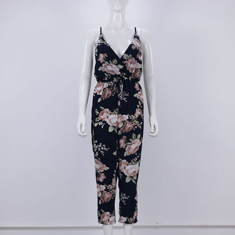 Women Summer Floral Print V-Neck Jumpsuit Romper Cross Back Strappy Casual Beach Long Jumpsuits Women Salopette Femme
