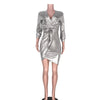 BKLD Short Wrap Metallic Dress Elegant Women Sexy V-neck Three Quarter Sleeve Bandage Bodycon Irregular Hem Mini Dresses