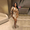 BKLD Short Wrap Metallic Dress Elegant Women Sexy V-neck Three Quarter Sleeve Bandage Bodycon Irregular Hem Mini Dresses