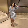 BKLD Short Wrap Metallic Dress Elegant Women Sexy V-neck Three Quarter Sleeve Bandage Bodycon Irregular Hem Mini Dresses