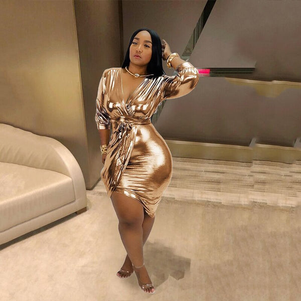 BKLD Short Wrap Metallic Dress Elegant Women Sexy V-neck Three Quarter Sleeve Bandage Bodycon Irregular Hem Mini Dresses
