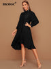 BKMGC 2023 Autumn Blue Black Yellow Red Long Sleeve Loose Casual Midi Knee Length Button Up Ruffle Hem Women Shirt Dress Female