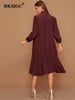 BKMGC 2023 Autumn Blue Black Yellow Red Long Sleeve Loose Casual Midi Knee Length Button Up Ruffle Hem Women Shirt Dress Female