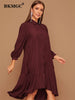 BKMGC 2023 Autumn Blue Black Yellow Red Long Sleeve Loose Casual Midi Knee Length Button Up Ruffle Hem Women Shirt Dress Female
