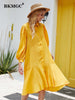 BKMGC 2023 Autumn Blue Black Yellow Red Long Sleeve Loose Casual Midi Knee Length Button Up Ruffle Hem Women Shirt Dress Female