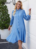 BKMGC 2023 Autumn Blue Black Yellow Red Long Sleeve Loose Casual Midi Knee Length Button Up Ruffle Hem Women Shirt Dress Female