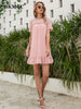 BKMGC 2023 Summer Pink Chiffon with White Polka Dots Short Ruffle Sleeve O-neck Casual Loose Mini Dress For Women 6292