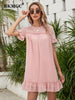BKMGC 2023 Summer Pink Chiffon with White Polka Dots Short Ruffle Sleeve O-neck Casual Loose Mini Dress For Women 6292