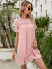 BKMGC 2023 Summer Pink Chiffon with White Polka Dots Short Ruffle Sleeve O-neck Casual Loose Mini Dress For Women 6292