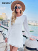 BKMGC Autumn Solid White O Neck Long Sleeve High Waist Office Lady Elegant Lace Mini Dress Women  2305