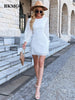 BKMGC Autumn Solid White O Neck Long Sleeve High Waist Office Lady Elegant Lace Mini Dress Women  2305