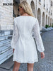 BKMGC Autumn Solid White O Neck Long Sleeve High Waist Office Lady Elegant Lace Mini Dress Women  2305