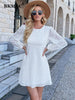 BKMGC Autumn Solid White O Neck Long Sleeve High Waist Office Lady Elegant Lace Mini Dress Women  2305