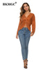 BKMGC Autumn T shirts For Women 2023 V-Neck Long Sleeve Pullover Front Knotted Top Solid Sexy Tops Women Clubwear 9191