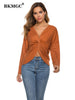 BKMGC Autumn T shirts For Women 2023 V-Neck Long Sleeve Pullover Front Knotted Top Solid Sexy Tops Women Clubwear 9191